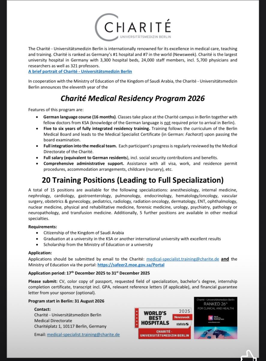 DrAleidAli's tweet image. فرص ابتعاث الاطباء إلى المانيا 👍
بالتوفيق للجميع