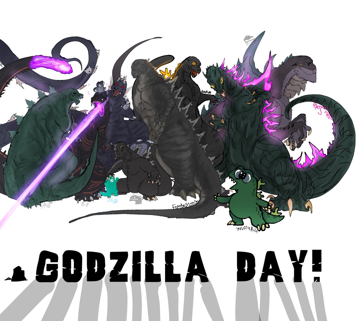 This was a huge art collab amongst my friends! Some of them don't have Twitter so I'm still crediting.
Godzilla earth  <a href="/YesKingwarrior/">Bazt (Rex's wife)</a> 
Shin Godzilla <a href="/Spreadthewordsp/">B.P (BloodiePawzz)</a> 
Ultima <a href="/Katararah/">FalseCat</a> 
G 2014 <a href="/femtamon/"> Femtamon</a> 
Heisei Godzilla <a href="/UnfilteredHavoc/">🦴Ravkon 🦴 {🍉}</a> 
Chibi Godzilla <a href="/KrufflePuff/">๋࣭ ⭑Krufflepuff ๋࣭ ⭑</a>