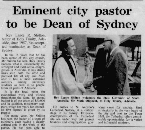 AustAnglican's tweet photo. 30 December 1921: birth (Melbourne VIC) of Lancelot Rupert Shilton, who served @SydneyCathedral as eighth Dean of Sydney 1973-1988, also serving in Adelaide as Rector at Holy Trinity 1957-1973. #anglican #104years Obiit 12 March 1998. https://t.co/BqMd0lAtTr