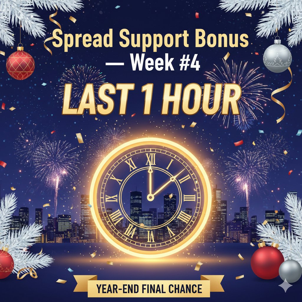 🚨 LAST 1 HOUR 🚨

🎉 Spread Support Bonus — Week #4 is LIVE! 🎉

This is the final spread bonus of 2025 —
and there is only 1 hour left to join.

No pressure. No stress.
Support the arena right now and catch the final moment. 🚀

🎁 $30 USDC × 10 lucky winners
Missed earlier