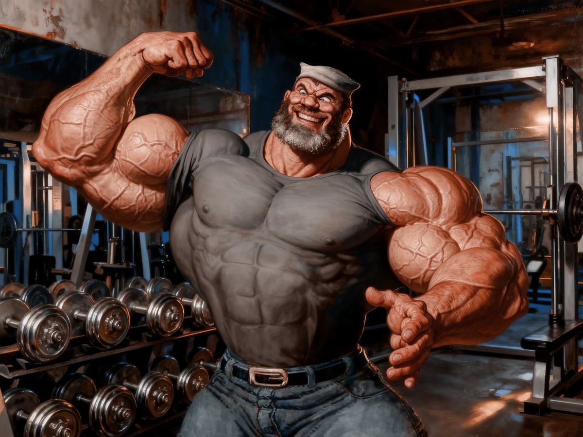 Bluto in his fifties. His secret? Creatine with spinach.