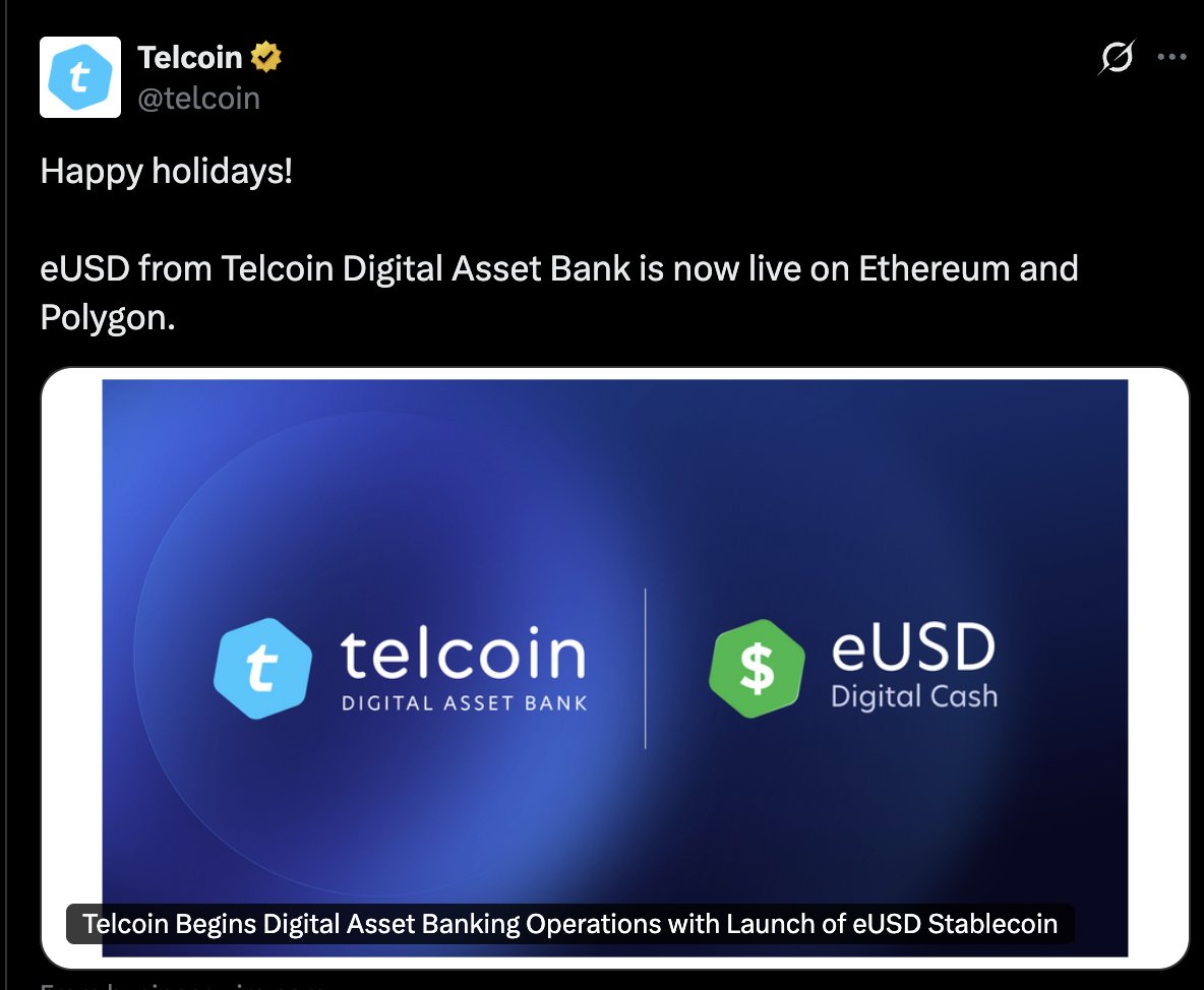 Polygon 계속된 성과와 확장] Telcoin Digital Asset 은행이 최초로 퍼블릭 블록체인 위에 USD 스테이블코인  발행을 했는데 Polygon과 이더리움 체인을 선택했다고 합니다. 네브라스카주 법안과 연방 법 (GENIUS)에 규제에 따라  Polygon체인 위에 달러 스테이블코인을