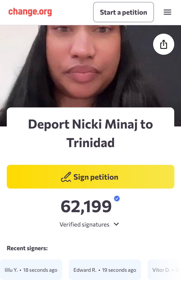 EXECUTIVEXMEDIA's tweet image. Sign the petition to #DeportNickiMinaj

62,000 has been reached
