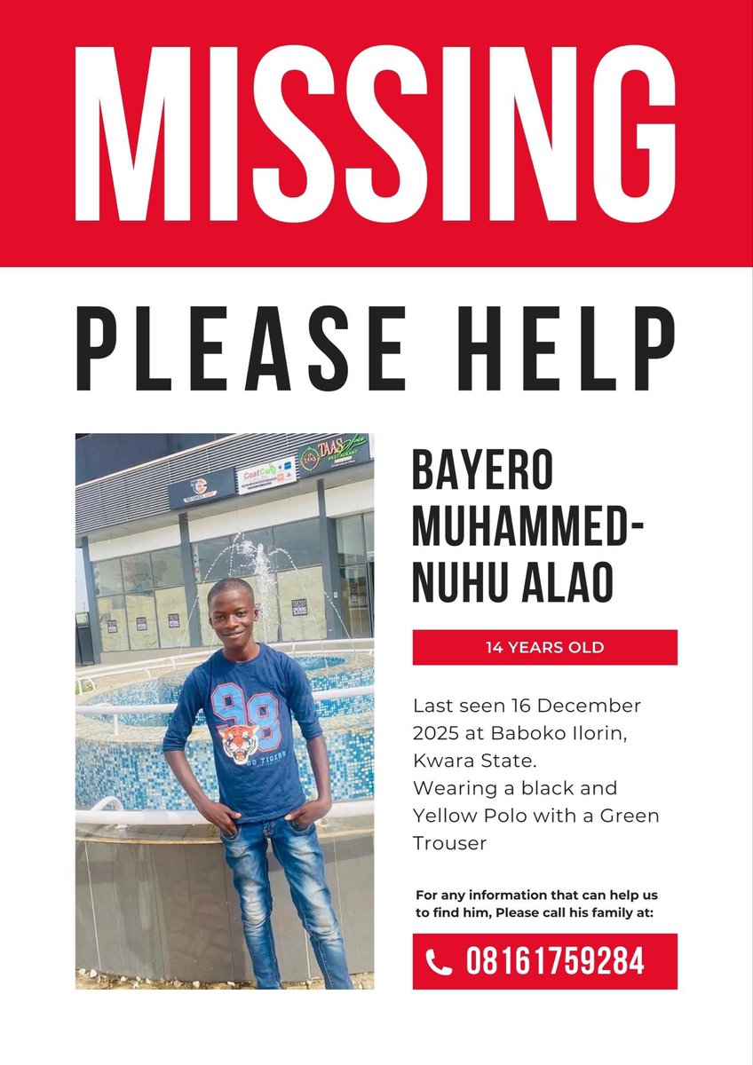 Olaide_aishah's tweet image. It’s been 15 days since my cousin was last seen and he is yet to be found. 

Please keep him in your prayers🙏😭