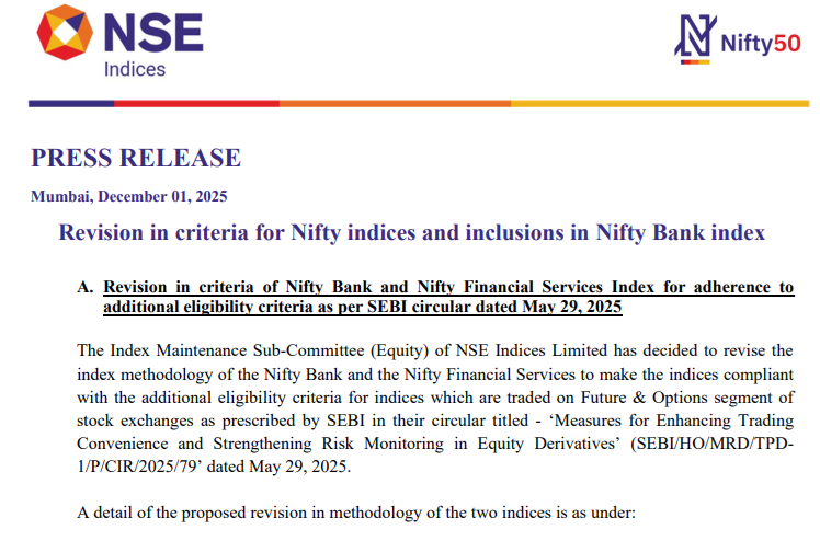 AshVerma111's tweet photo. #NiftyBank | #NiftyFinancialServices

Weight Capping - Effective #Tomorrow  

#NiftyFinancialServices 
In single tranche
Last trading day of December, 2025

#NiftyBank 
In four monthly tranches
Last trading day of December 2025, January 2026, February 2026 and March 2026

The above (Including inclusions - Union Bank & Yes Bank_ shall be made effective from December 31, 2025 (close of December 30 #Today)