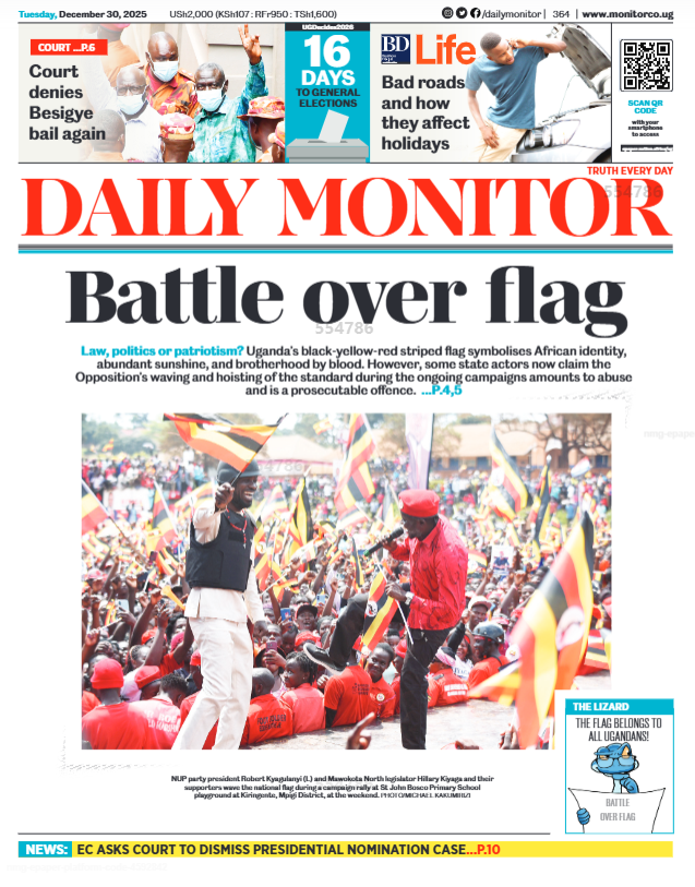 DailyMonitor's tweet image. ◉16 days to January 15 and there's a battle over the Uganda flag

◉Bad roads and how they affect your hlidays 

■ That and much more in today’s Daily Monitor, now available on e-paper 👉🏾 bit.ly/3JMGP8q