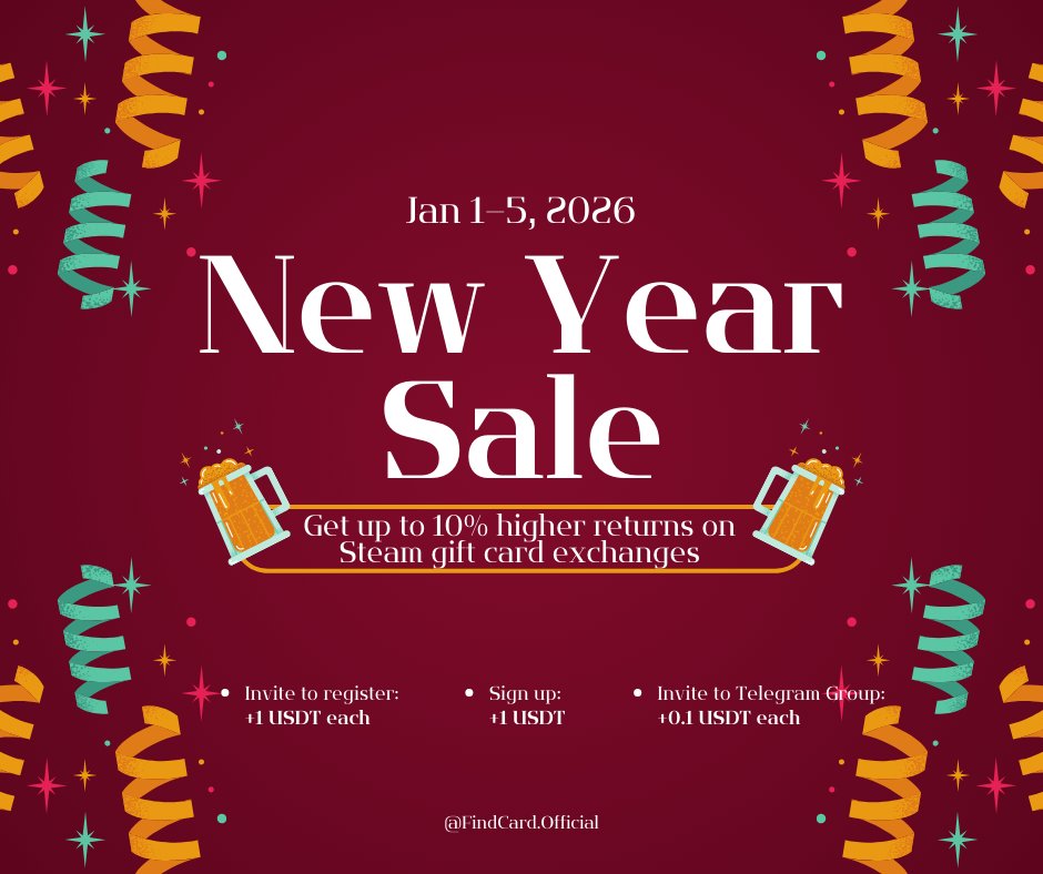 Find_Card's tweet image. 🚀Enjoy +10% higher payout rates when exchanging Steam gift cards! Join three other activities to earn more USDT 💰

📅 Event Period: Jan 1 – Jan 5, 2026（UTC+1）

👉 Download the app now and don't miss out
findcardapp.com/?platform=2
#findcardapp #HappyNewYear2026 #USDT