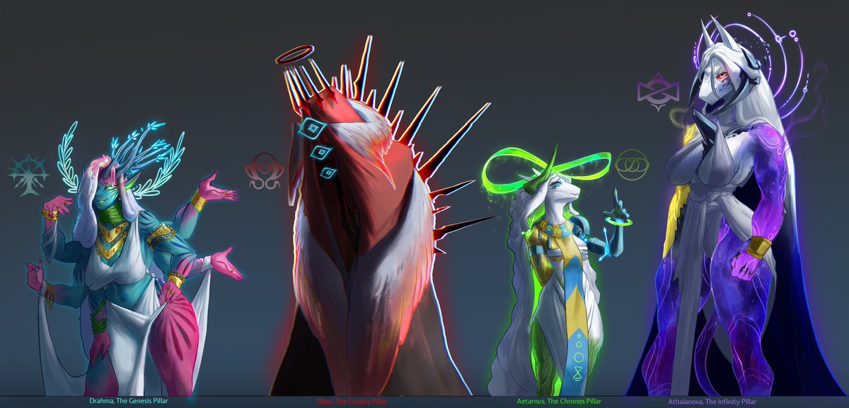 The Four Pillars of the world who uphold the creation of their dormant master. One molded all life with their hands. One pens the end of all things, ensuring finality. One wove the threads of fate stabilizing time. One fortified space forging infinity into a wall.