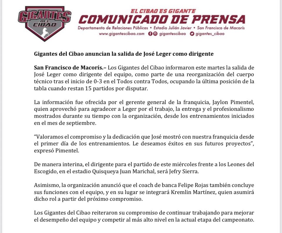 Los <a href="/Gigantes_Cibao/">Gigantes del Cibao ®</a> despidieron al manager José Leger.
Esa no la veía venir.