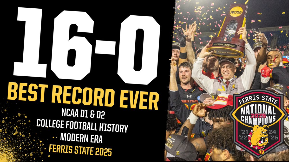 FerrisFootball's tweet image. BEST EVER! Ferris State became the first NCAA D1 or D2 team in the modern era of college football to finish 16-0, winning a fourth national championship this fall! History made! 🏆 🏆 🏆 🏆
