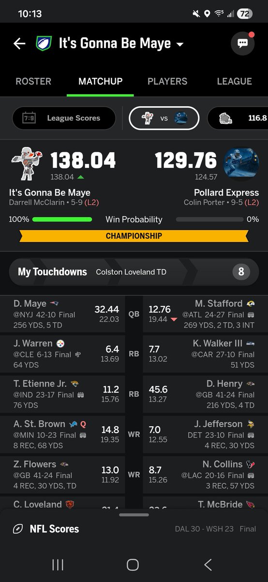 BigDarrell63's tweet photo. Started 1-7, won 4 of last 6 to sneak in playoffs as 8 seed, and took out the 1, 4, and 3 seeds to win the whole damn thing #champ #NeverGiveUp https://t.co/lKwH3jBj2u