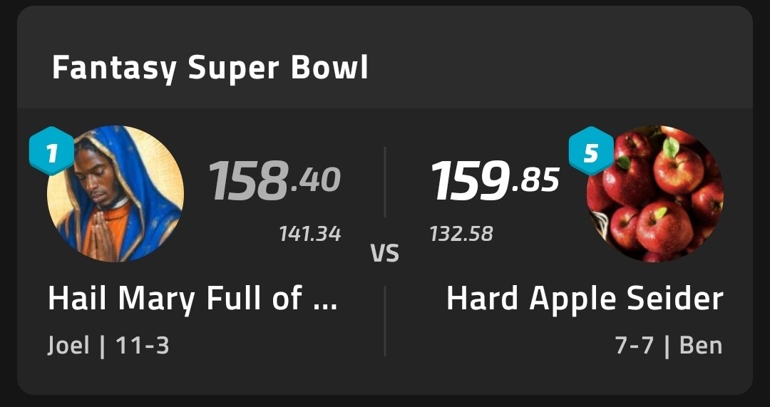 Lost the Fantasy Super Bowl by 1.45 pts.

Any other's with a close, crushing loss?