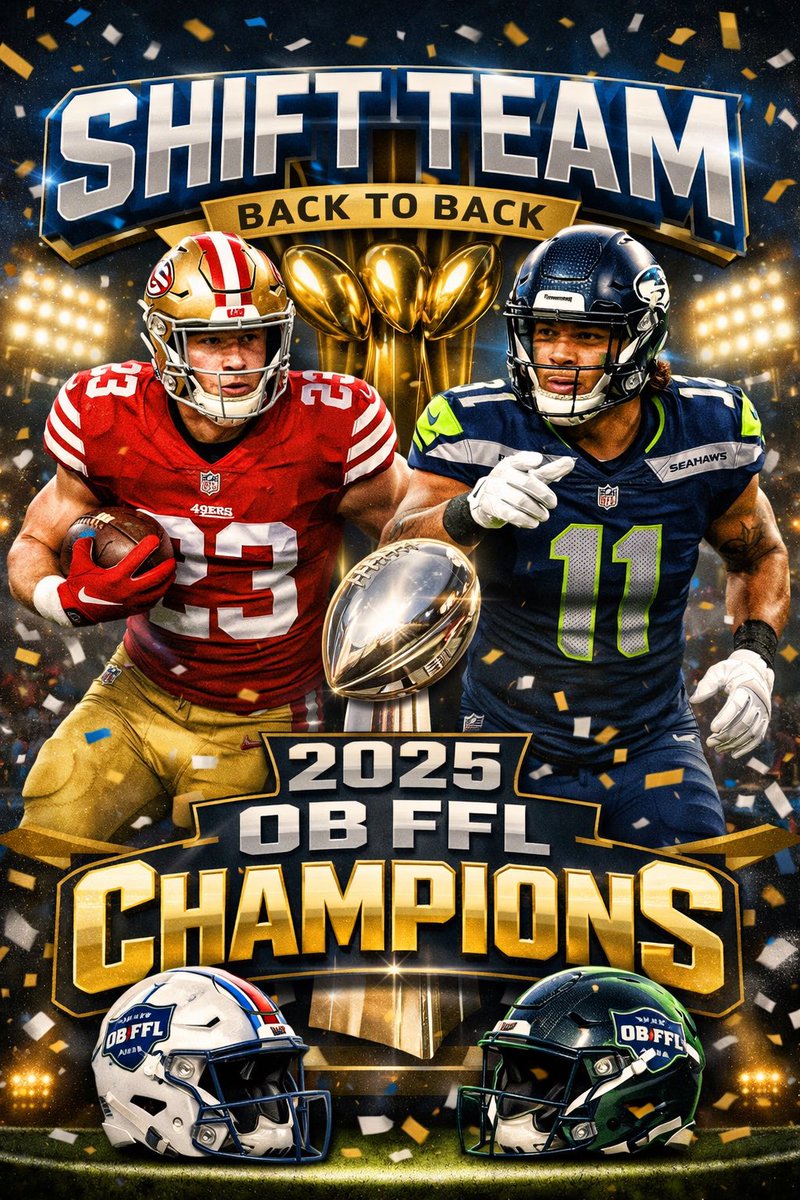 TonyC_OBFFL's tweet photo. It’s over. It’s done. 

Shift Team completes the repeat over DALLAS COWBOYS to become the 2025 OB FFL Champions.

A dominant regular season capped off with a dominant playoff run.

Shift joins an elite fraternity of franchise with multiple rings. https://t.co/DK8rUBmjAf