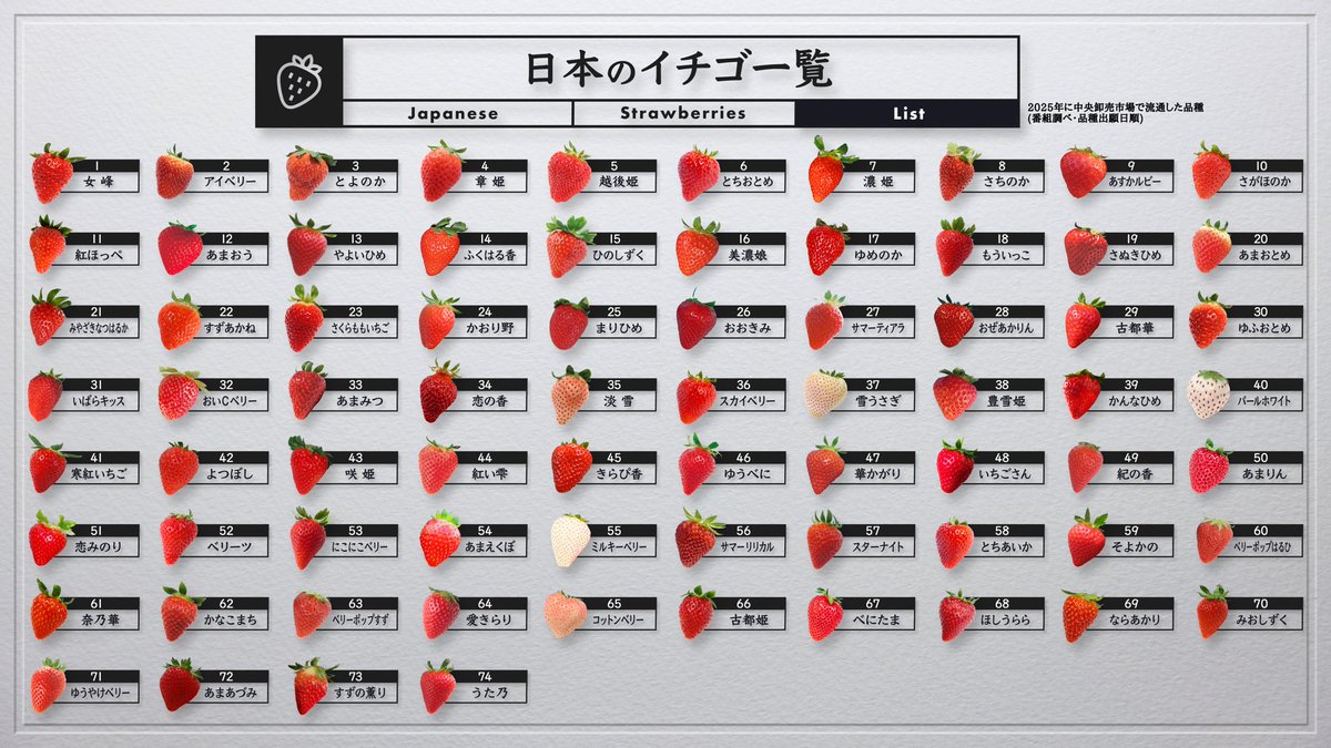 今が旬！！！

画面越しでも甘さが伝わってきそう…？💭☺️

【日本のイチゴ一覧】が完成しました🍓

あなたのお気に入りのイチゴはありますか？
ぜひ放送と一緒にお楽しみください🕺

#櫻井翔の一覧ファクトリー