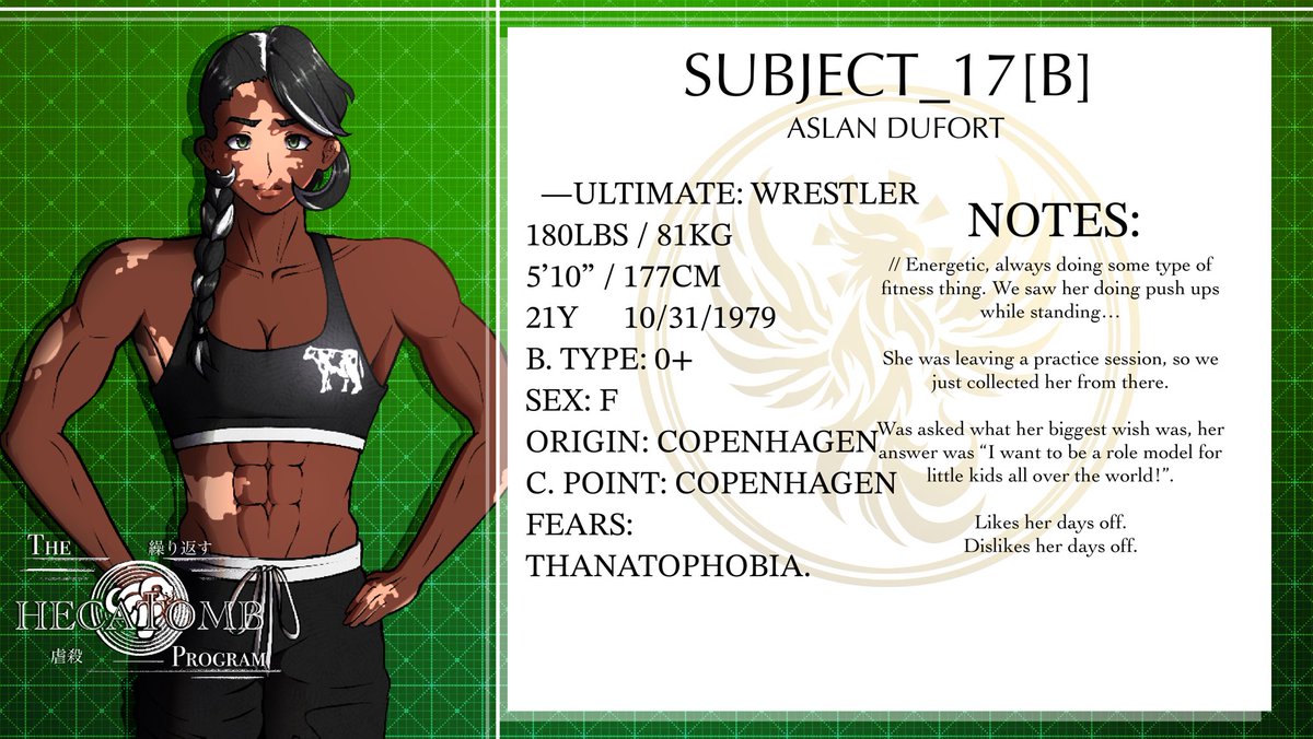 [SUBJECT_17[B]]
I know this girl because of my husband. He’s really into wrestling, I hope to ask her some of his questions.
#fanganronpa #fangan #thehecatombprogram