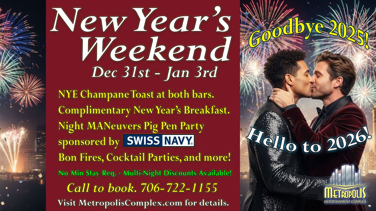 MetropolisAug's tweet photo. Still need last-minute NYE plans? 🎉
Metropolis Complex has you covered with Hormona Lisa (RuPaul’s Drag Race), Carla & Judy’s Better Luck Next Year Party, and special guest Judass!
Rooms still available 📞 706-722-1155
#GayTravel #MetropolisComplex 🏳️🌈 https://t.co/xredb3sC21