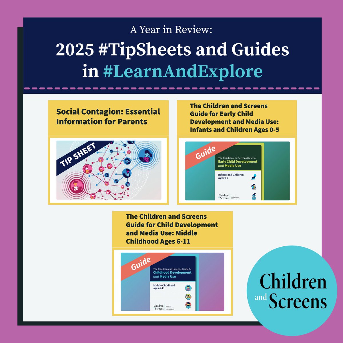childrenscreens's tweet image. In 2025, Children and Screens continued to equip families with the tools they need to thrive in the #DigitalAge with parenting #TipSheets and guides curated from the latest research and leading experts in the field. Access our free parenting tips: bit.ly/4pZYsWM