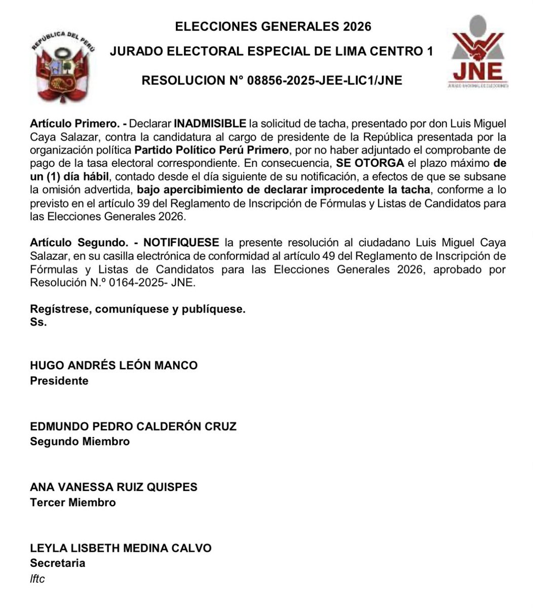El JEE declara inadmisible la tacha contra Mario Vizcarra porque el candidato aprista Luis Caya no adjuntó el pago de la tasa, que es 5.350 soles (1 UIT)