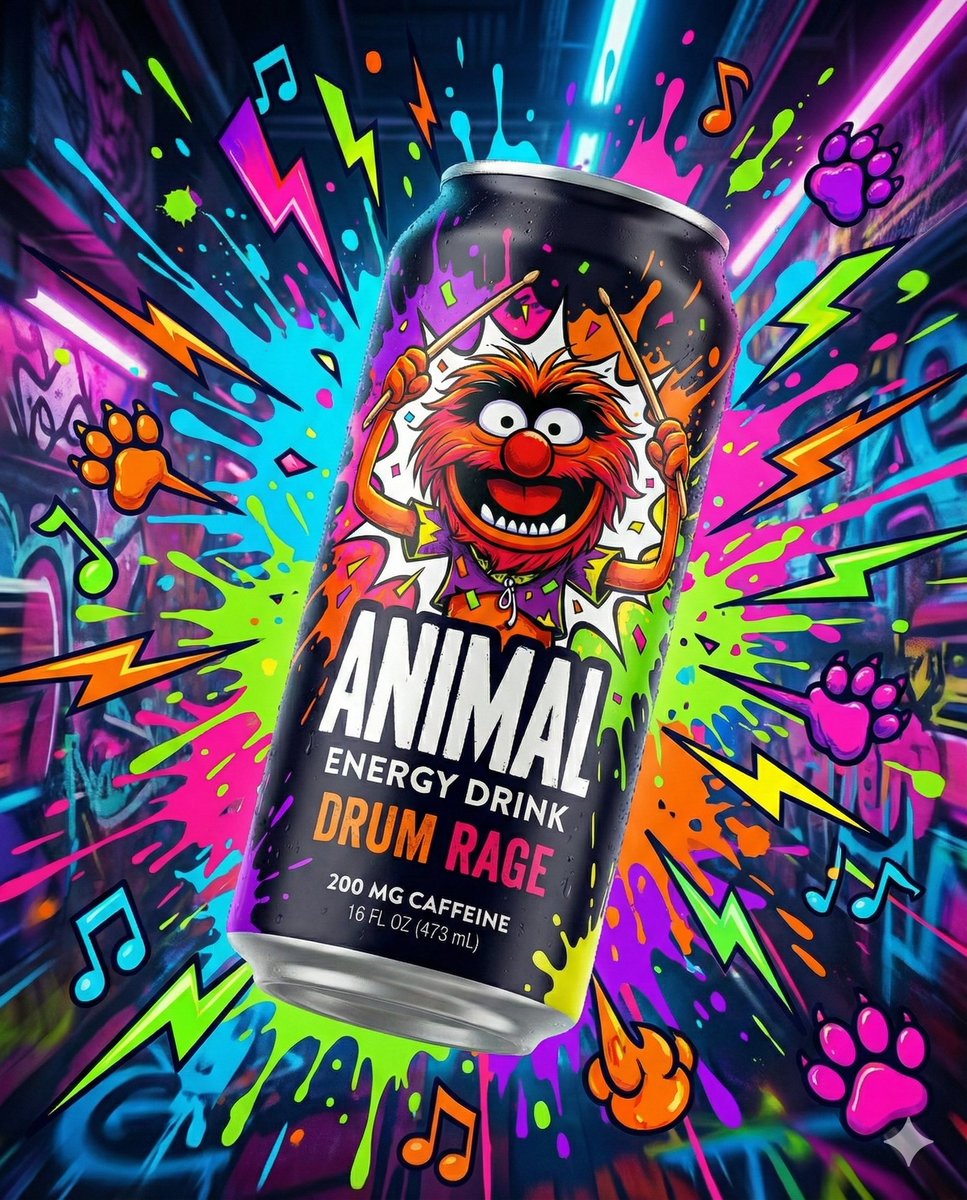 UncleMikeyUX's tweet photo. The gap between imagination and reality has vanished. 💥

For years, I’ve had a persistent, chaotic, albeit fun thought: Animal from The Muppets needs his own energy drink!!!

It was just a "what if." Until today.

I used AI to manifest a product that doesn't exist.

I present to you... Animal's "DRUM RAGE." 200mg of pure, adrenaline-pumping caffeine, from one of my favorite childhood characters. 🧵👇

#GenerativeAI #ProductDesign #Creative
