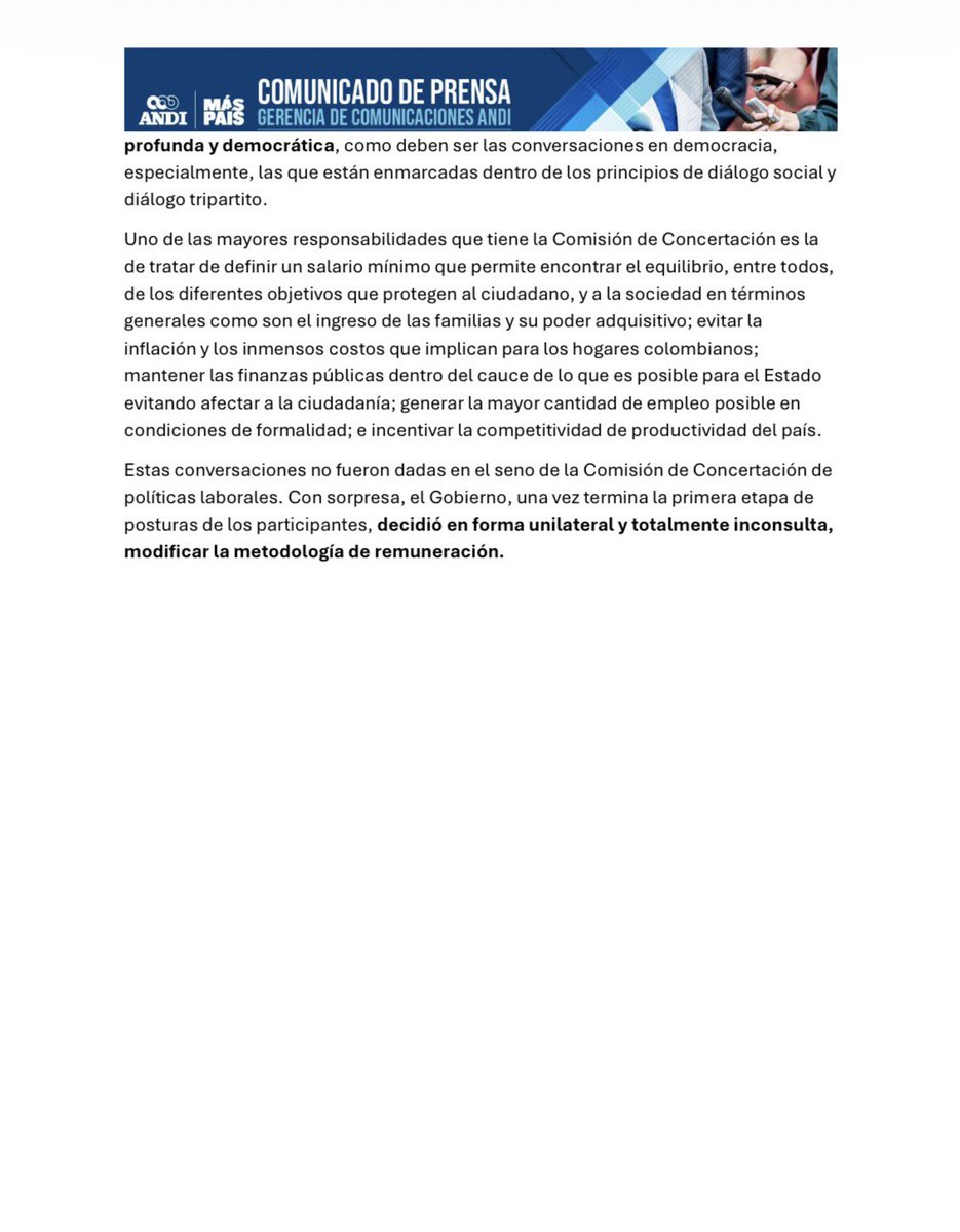 Sobre incremento del salario mínimo decretado para 2026:
“Se generan grandes riesgos para los hogares y la economía colombiana especialmente sobre la inflación y los precios de múltiples bienes y servicios, el empleo, y hasta las finanzas públicas”: ANDI.
#MásPaísANDI