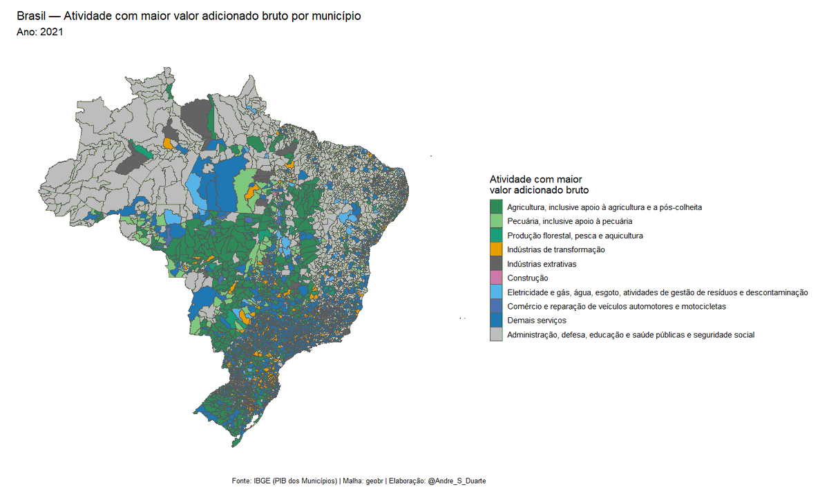 Mapa do Brasil dividido por municípios e categorizado segundo o setor da atividade com o maior valor adicionado bruto. 

Explica bastante o Brasil. 

Estados nos fio abaixo.