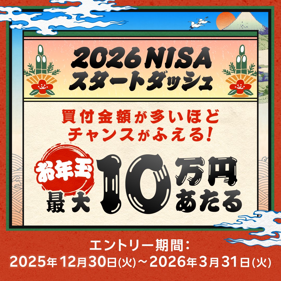 📢【最大10万円が当たる！】 NISAスタートダッシュキャンペーン、本日12/30(火)より開始！ 楽天証券からお年玉🧧チャンス！ つみたて投資 枠・成長投資枠の買付で、最大10万円が抽選で当たる✨ ▽詳細＆エントリーはこちら！ https://t.co/jdgpeBulEh #楽天証券NISA