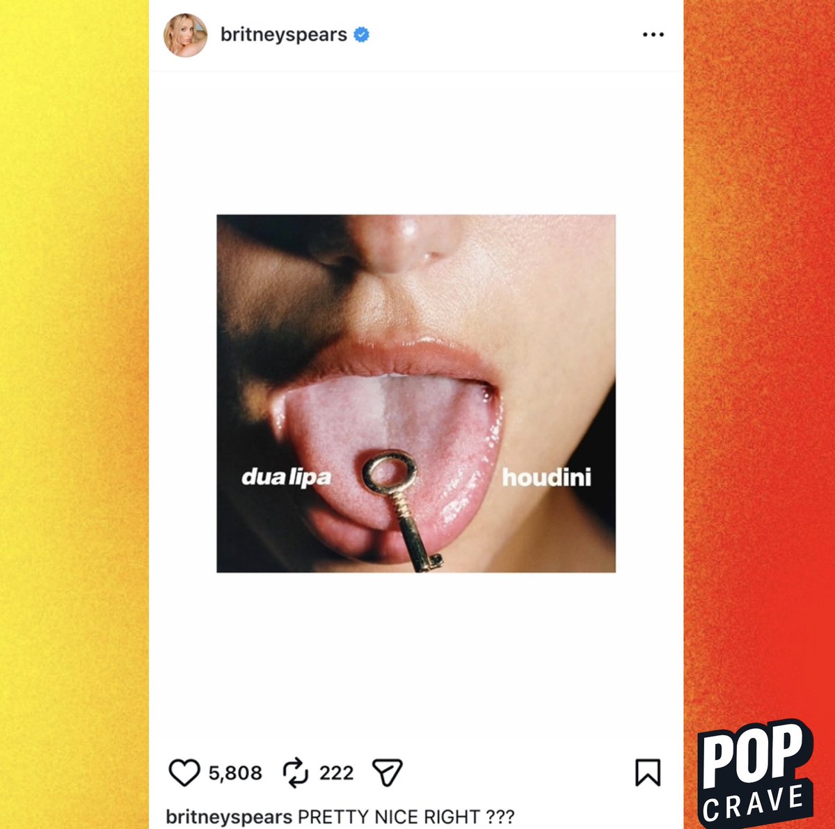PopCrave's tweet image. Britney Spears posts about “Houdini” by Dua Lipa:

“PRETTY NICE RIGHT ???”