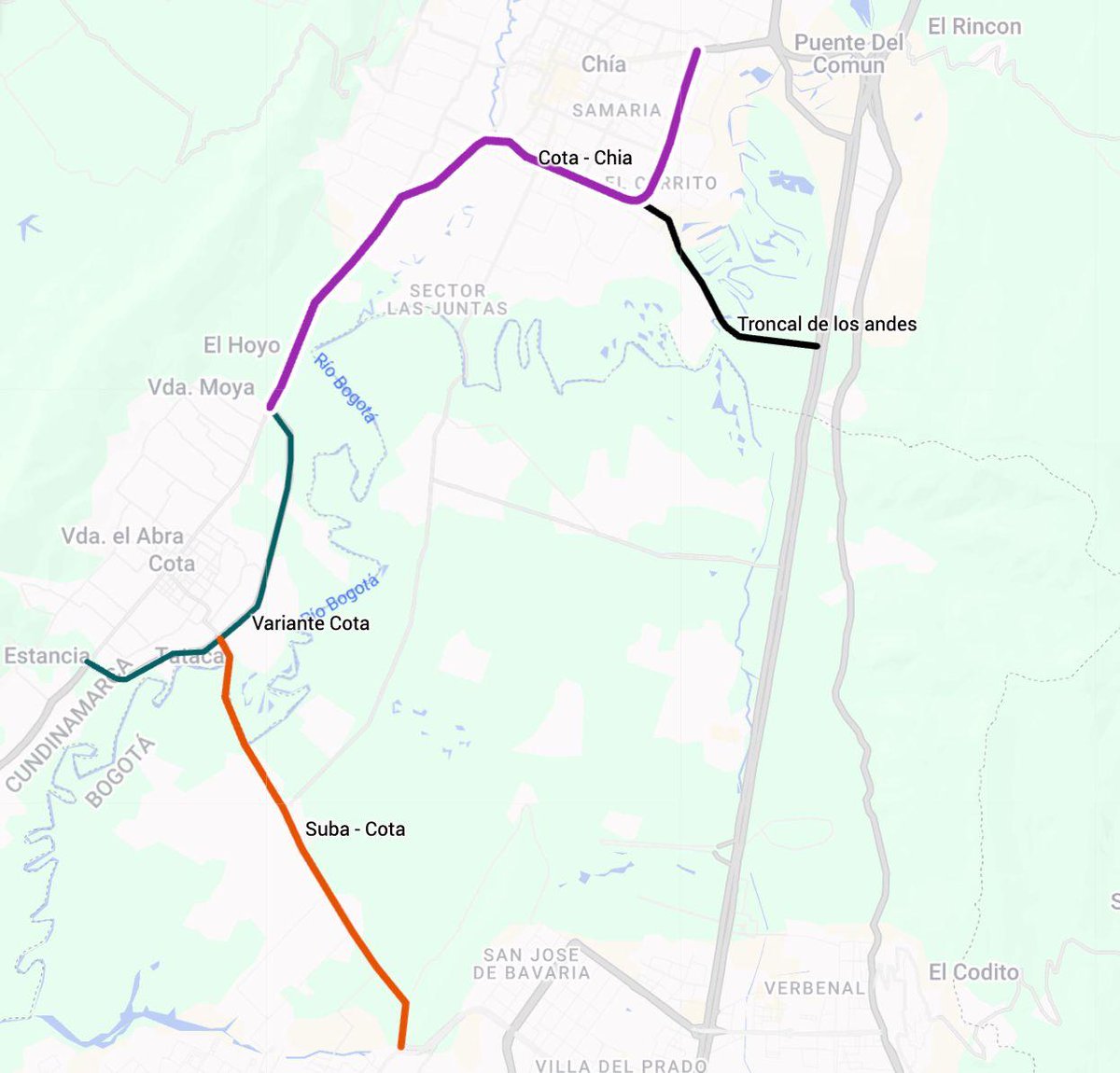 JorgeEmilioRey's tweet photo. https://t.co/s62hKVcw9y

Esta viabilidad ambiental es trascendental para avanzar en la proyección de infraestructura vial en la Sabana Centro. La troncal de Los Andes es una obra que estaba esperando ser retomada y que garantizaría la construcción de una variante que conecte la vía concesionada departamental Devisab con la Autopista Norte, descongestionando la Avenida Pradilla en el municipio de Chía y mejorando la infraestructura de transporte de la Sabana Centro y Occidente.

De nuestra parte, estamos en la etapa final de estructuración de estudios y diseños de la doble calzada, que iría desde el costado sur de la variante de Cota hasta integrar con esta troncal de Los Andes. Esta interconexión a doble calzada tendría 8 km de longitud.

A esta doble calzada entre Cota y Chía, a la altura de la variante de Cota, se proyecta la extensión de la Av. Suba - Cota, cuyos diseños en el tramo cundinamarqués ya existen a nivel de detalle.

Es decir, interconectar la concesión Devisab con la Av. Suba - Cota en doble calzada y llevarla hasta la Autopista Norte, en conexión a la altura de la troncal de Los Andes, permitiría tener un circuito vital para la integración Bogotá-Región y que, a la par, dinamizaría el turismo, la inversión y la generación de empleo.

¡Seguimos adelante!
