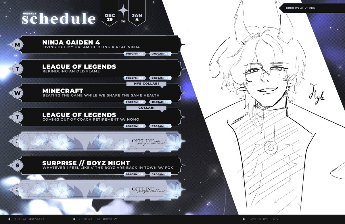 KyleXCVI's tweet image. wow look i finally put out a schedule

mostly vibing till wednesday when i gather @dangonaut, @cassodile, @aracaryth, @nonoscarnival, and @Aaigami_ for one goal: beat minecraft while we all share one health bar! 

then i'm coaching new player nono in league on thursday!!