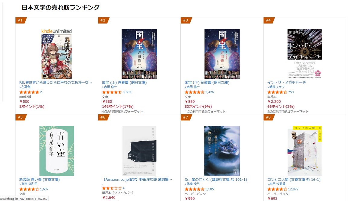 RE江戸新刊、売れ筋ランキング日本文学でも一位になりました！ 日本