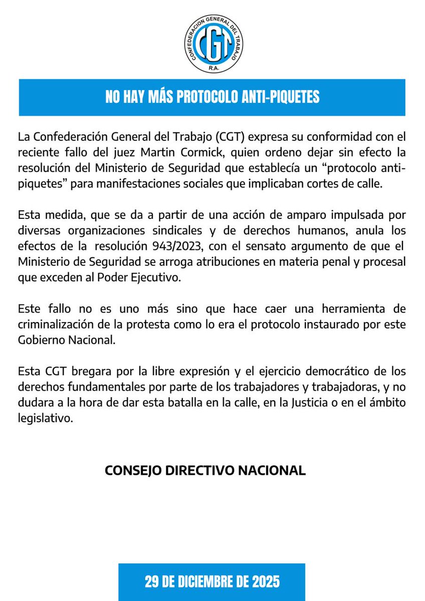 🧾📣 COMUNICADO: NO HAY MÁS “PROTOCOLO ANTI-PIQUETES”

La CGT celebra el fallo del juez Martín Cormick que deja sin efecto la resolución 943/2023 del Ministerio de Seguridad.

📌 Se cae una herramienta de criminalización de la protesta.
Defendemos la libre expresión y los