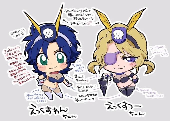 この子たちは「えっくすわんちゃん」と「えっくすつーちゃん」です〜!😊パイロットのデータを元に作られた子って言う私設定なのです!😚キンケドゥさんとザビーネさんに似てるおにゃのこです!!!☠️ 