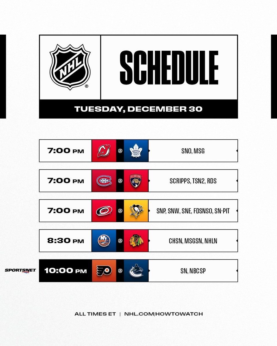 A five-game Tuesday features a Canadian national broadcast when the <a href="/Canucks/">Vancouver Canucks</a> host the <a href="/NHLFlyers/">Philadelphia Flyers</a> on <a href="/Sportsnet/">Sportsnet</a>.