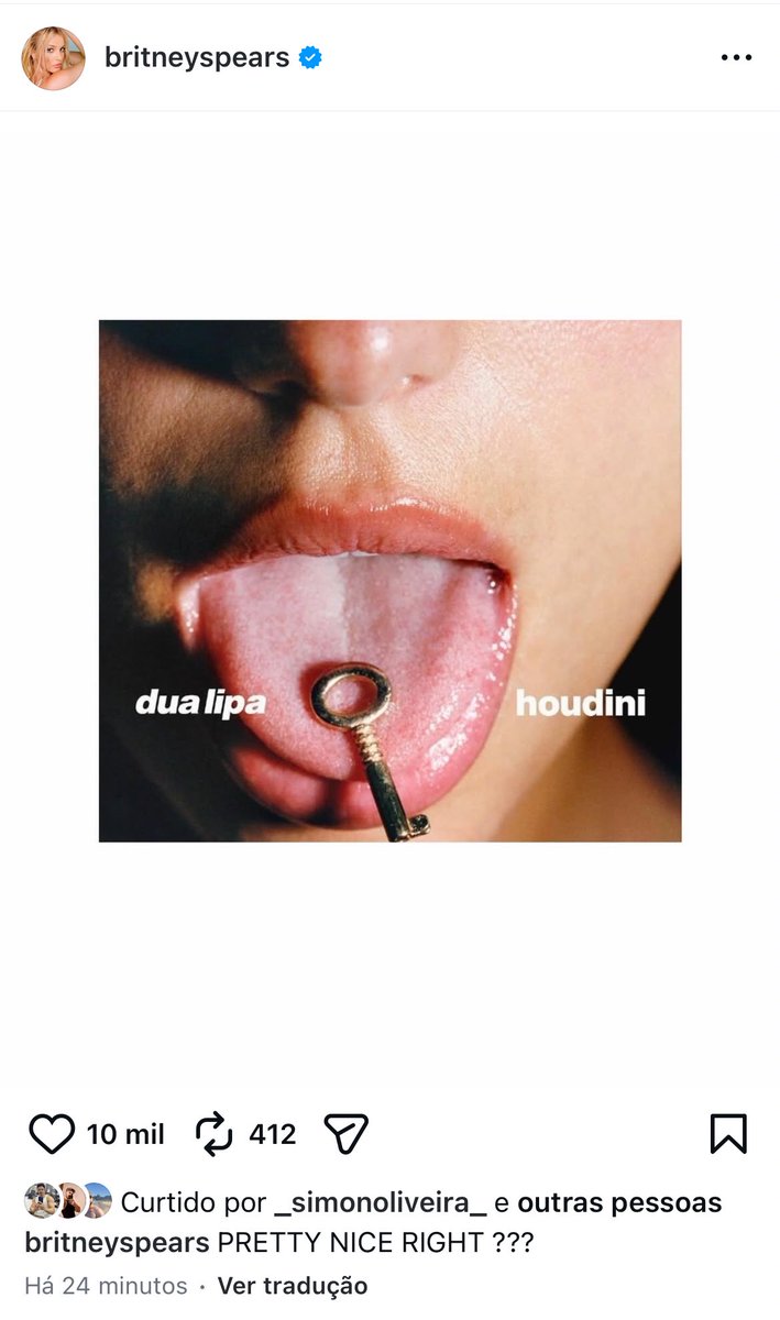 Bom gosto? Britney Spears sobre “Houdini” de Dua Lipa:

“Bem legal, né?”