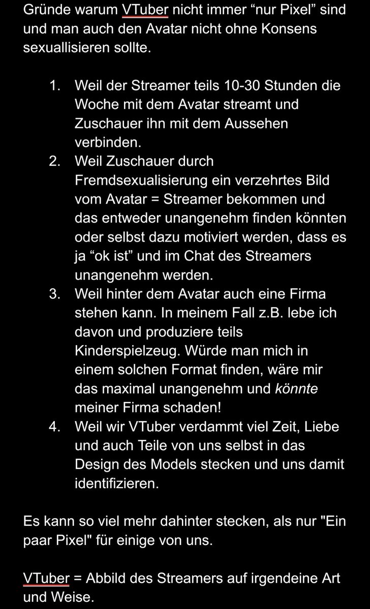 OriOttero's tweet image. Pers. die nie was mit VTubern zutun hatten oder nicht kreativ unterwegs sind, haben einfach nicht den Bezug dazu

Also hier für euch nochmal:
Unser Model ist Repräsentation unserer Persönlichkeit und unserer Marke und gehört uns
Alles was damit passiert sollte einvernehmlich sein