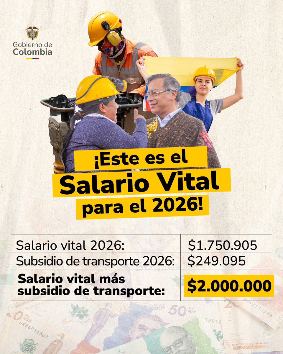 🔴 Histórico!

Ya no se trata de un salario mínimo, ahora se trata de un salario VITAL.

El presidente <a href="/petrogustavo/">Gustavo Petro</a> y el ministro de trabajo <a href="/AntonioSanguino/">Antonio Sanguino</a> han anunciado el  incremento para los trabajadores en 23,7% quedando en 2’000.000 👏🏼 

La mayoría de gremios, de