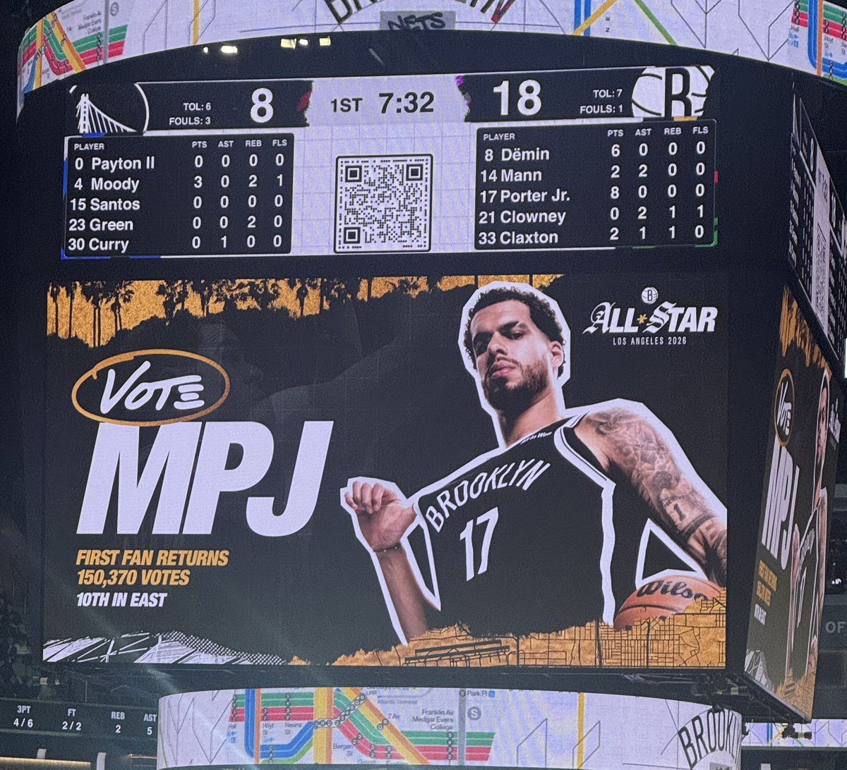 erikslater_'s tweet image. The Nets put up this graphic with a PA announcement telling fans to vote for MPJ for the All-Star team.

Campaigning hard.
