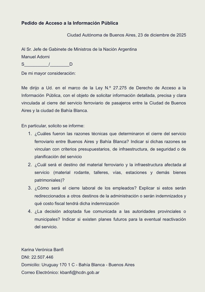 Presenté un pedido de acceso a la información sobre el tren de pasajeros que llegaba a Bahía Blanca. El gobierno decidió el cierre definitivo sin ninguna rendición de cuentas, ni información a la ciudadanía. Tendrán 15 días hábiles por ley para contestar. 

Bahienses, la defensa
