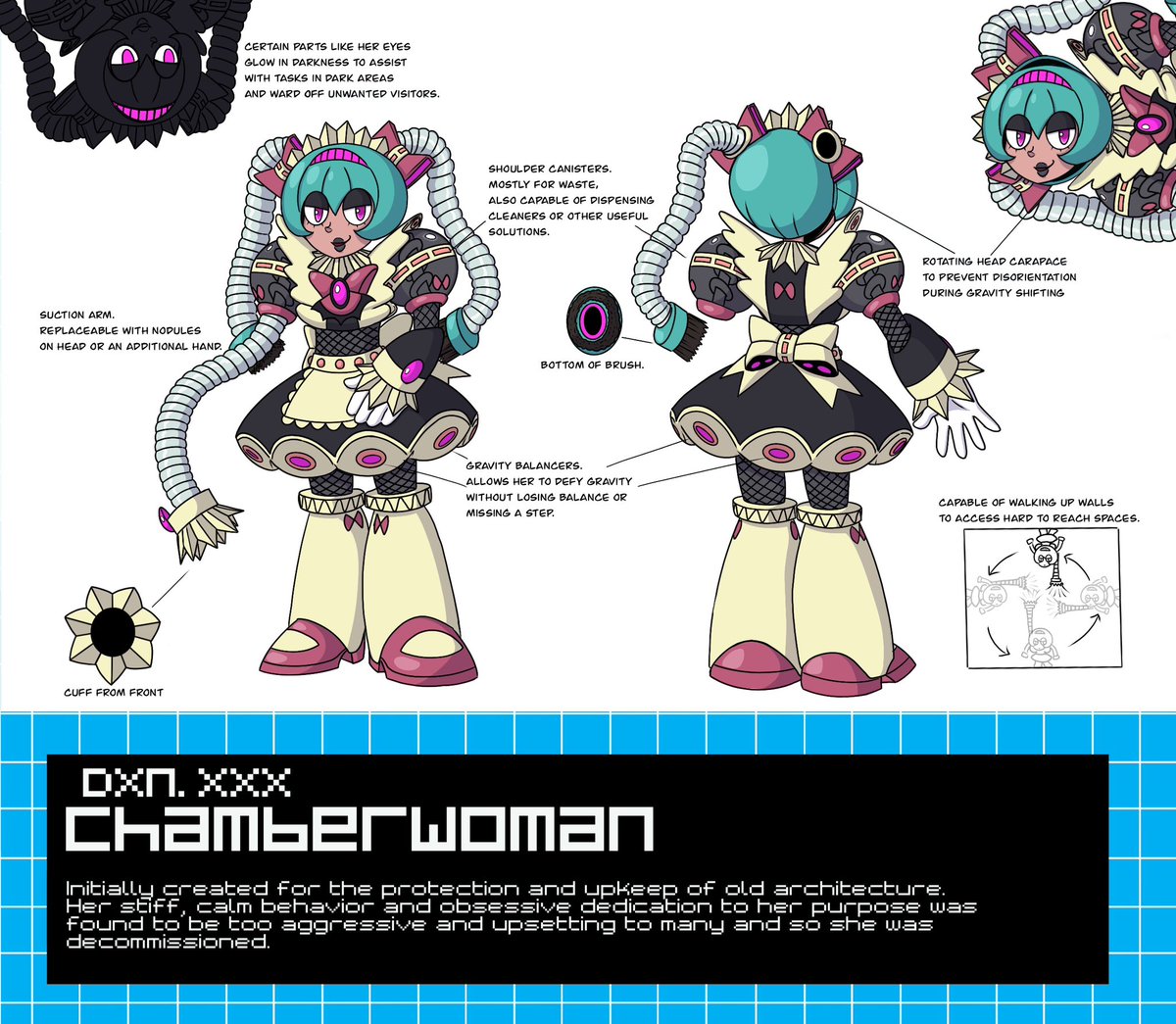 Xokoro77's tweet photo. ROBOT MASTER DESIGN:
CHAMBERWOMAN

Built to take care of historical or abandoned sites. Can swap out arms and clean up all sorts of messes including unwanted guests. Steps up walls to manage hard to reach areas. 

Pen Name: XokoroCaskett

#MegaManDO #DesignARobotMaster https://t.co/9E9f6wtRAG