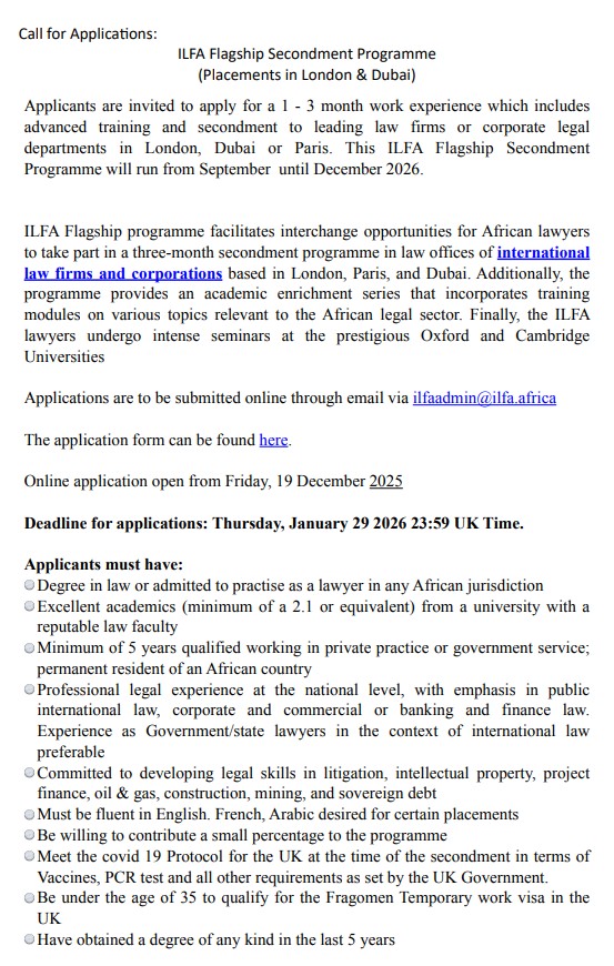 Lawyerin4Africa's tweet image. International lawyers for Africa (ILFA) Flagship Secondment Programme
Deadline: Jan 29
ilfaafrica.com/who-we-are
Note: This is shared in the hope that successful applicants will use the skills &amp;amp; experience gained to promote social justice.