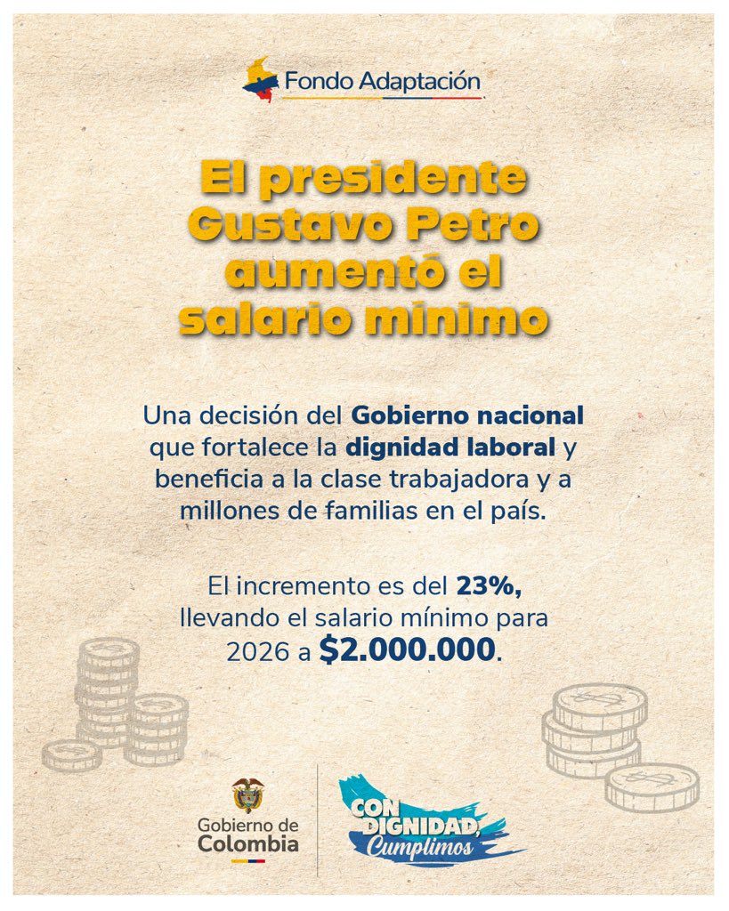 FondoAdaptacion's tweet image. El #SalarioVitalDigno es un avance en dignidad laboral y justicia social.
Una decisión del presidente @petrogustavo para reconocer el valor del trabajo, fortalecer el ingreso de familias y construir un país con más equidad. Histórica decisión que beneficia a hogares colombianos.
