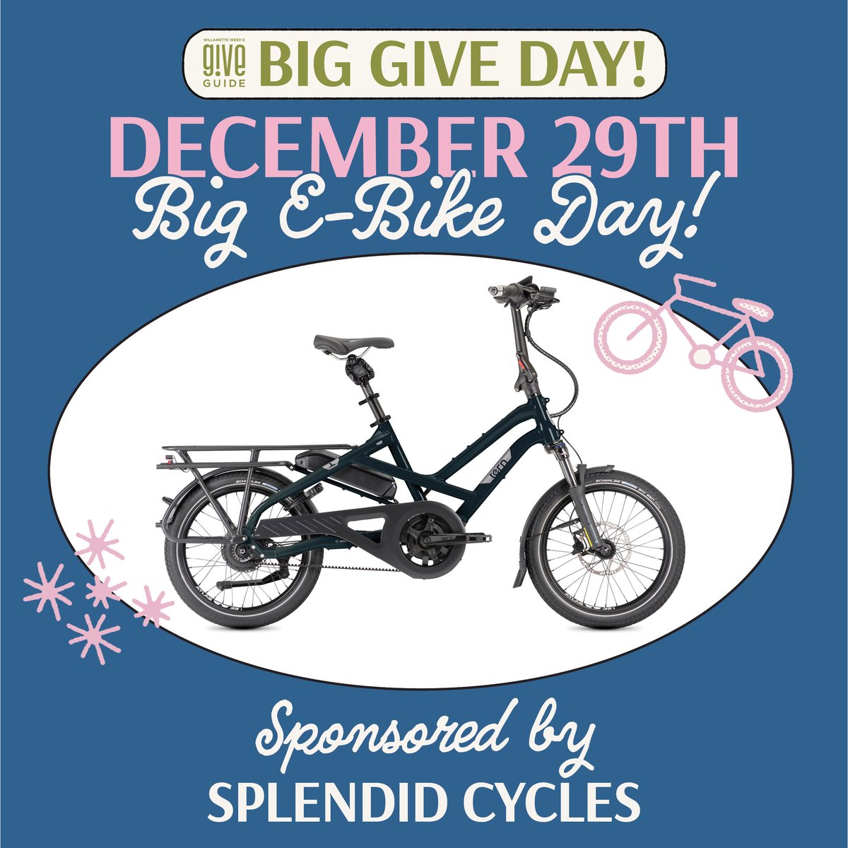 There is still time to be a part of today's #BigGiveDay, Big E-Bike Day with <a href="/GiveGuide/">Give!Guide</a>! One winner will receive a 2025 Tern HSD S00 e-bike from Splendid Cycles.🚲Your $10+ donation enters you to win &amp; provides mental health support to PDX!
🔗giveguide.org/nonprofits/new…