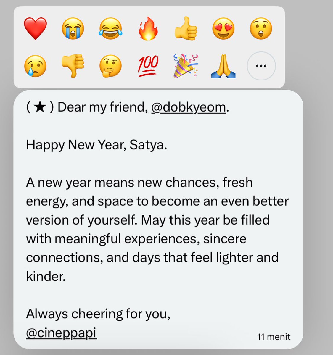 dobkyeom's tweet image. Dear si lucu gemes temanku, @cineppapi 

Thank you for the lovely message, MBIWW 🥺🫶🏻 it really made my day. Here’s to another year of quiet scenes, meaningful pauses, and films that leave us staring at the credits a little longer.

Always cheering for you too,
Satya. 🥺🫶🏻