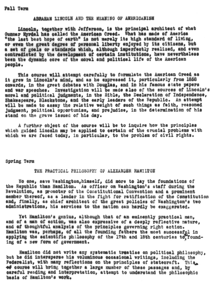 ls_foundation's tweet image. Course descriptions of courses Harry Jaffa planned to teach at the New School in 1949/50 (but never did?)