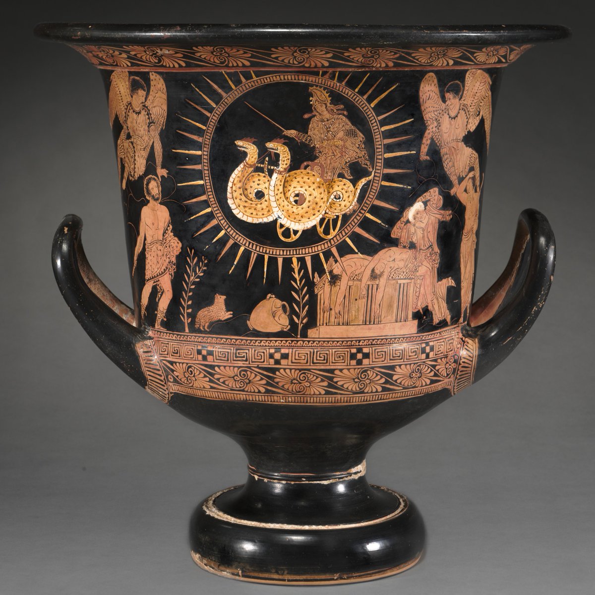 Calyx krater (mixing vessel) depicting Medea in a chariot (center), Italian, around 400 BC, Cleveland Museum of Art.
