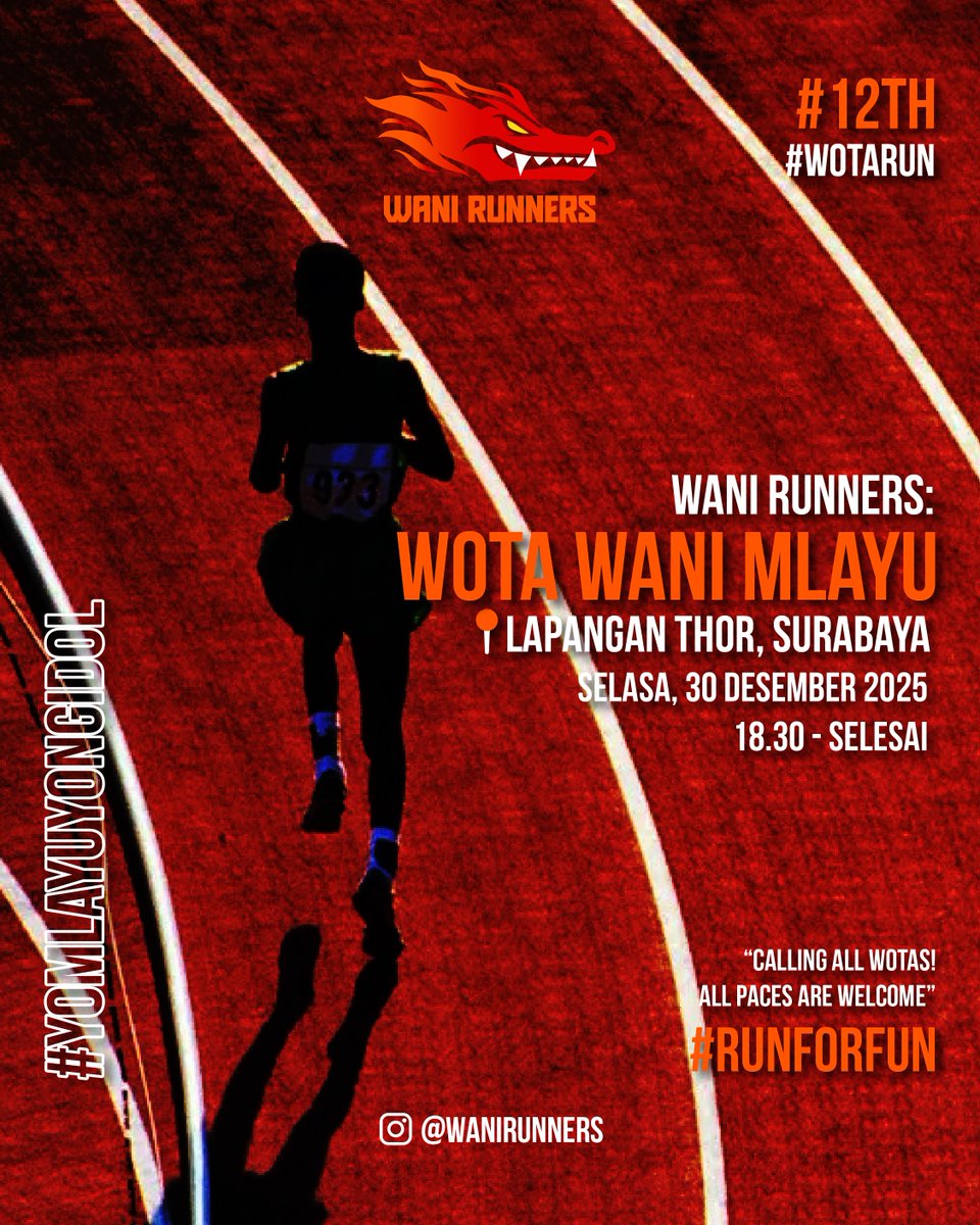 Buat teman² FJKT48 dan F48Group di Surabaya dan sekitarnya yang mau ikutan #WotaRun #WotaWaniMlayu by #WANIRunners bisa langsung merapat ke Lapangan Thor nanti malam yaakk! 😎✌️🏃‍♂️💨🔥👟🐊