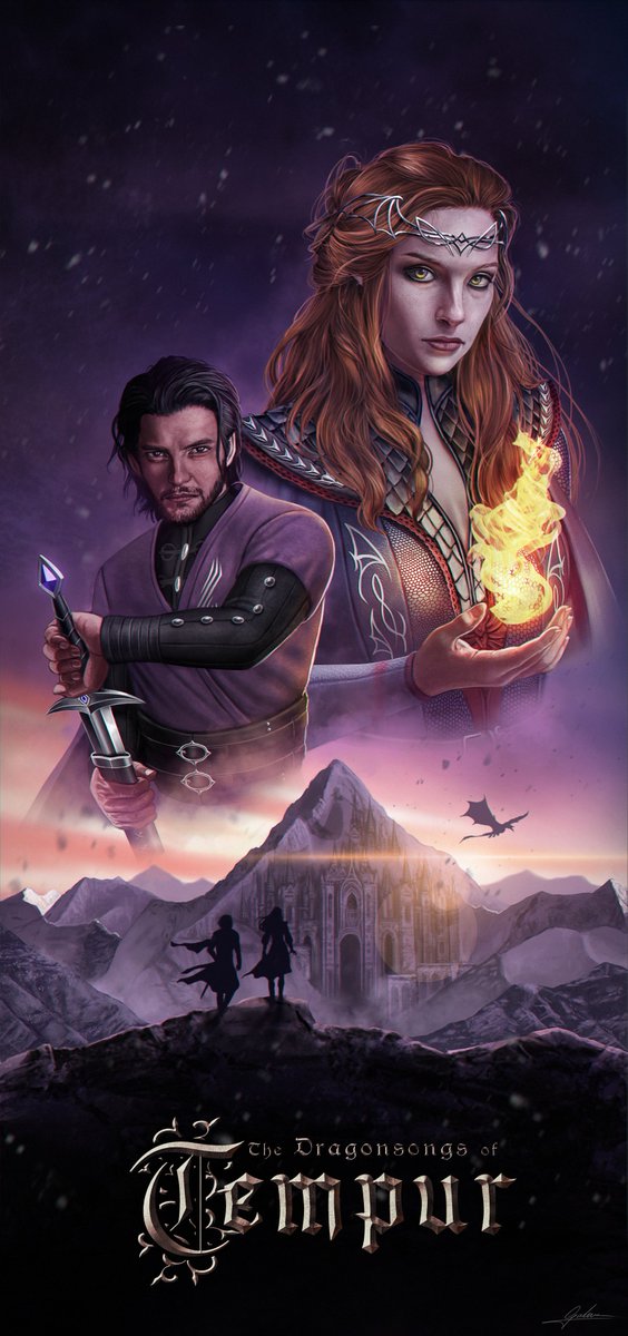 Last  Commission of 2025! Here's another poster for "The Dragonsongs of Tempur"  showing Dreya, Reth and a scene of  them finding a fortress that's carved into the side of a massive  mountain and that was used by people who could turn into Dragons, so it  had to be BIG and open!