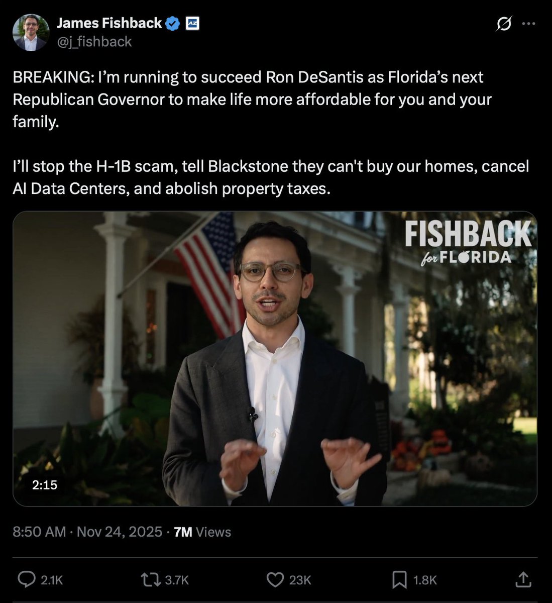 FishbackRapid's tweet image. BREAKING: James Fishback's Gubernatorial campaign announcement video has hit 7 Million views.