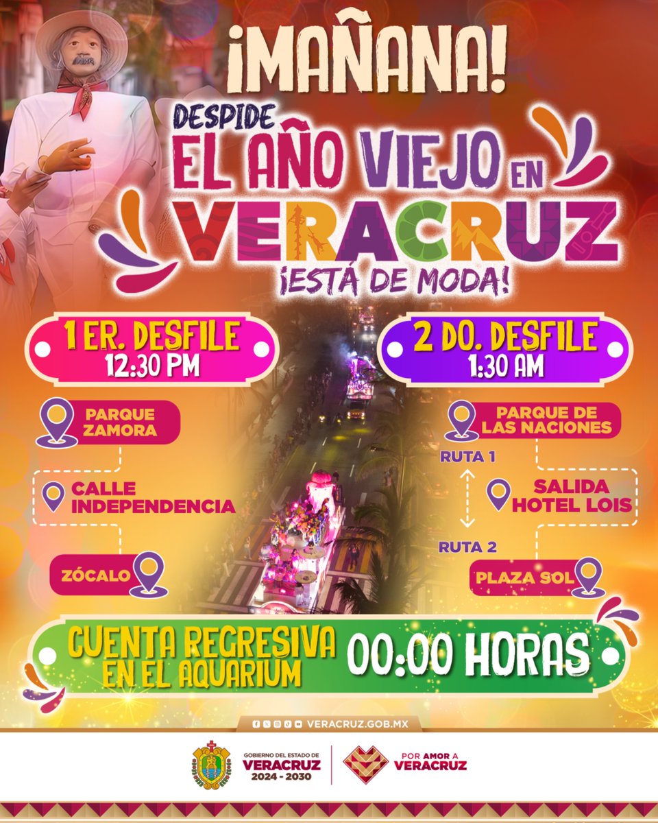 ¡El último adiós al año se da en Veracruz! 🥳✨

Mañana empieza la fiesta para celebrar en grande.

🎶 31 de diciembre:
​Desfile al medio día y cuenta regresiva a la media noche

🎉 01 de enero:
Desfile a la 1:30am

Trae tu mejor actitud 💃🏻🕺🏻, ¡te esperamos! #VeracruzEstáDeModa