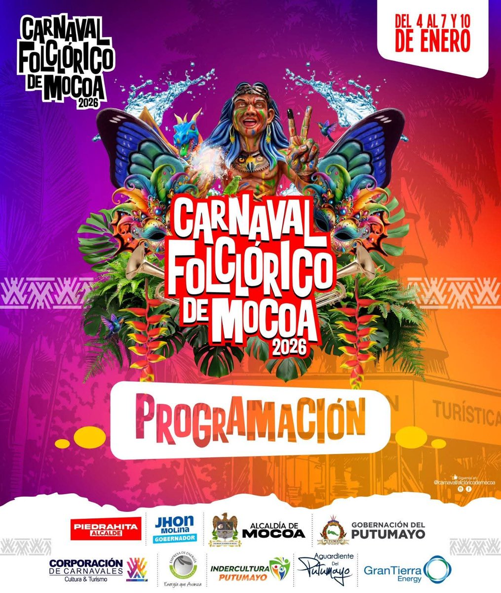 ch_piedrahita's tweet photo. PROGRAMACIÓN OFICIAL DEL CARNAVAL FOLCLÓRICO DE NUESTRA MOCOA BONITA 🧡✊🏻💚🎊🎉🎭

#Carnavales2026 | Ayúdanos a compartir con tus amigos para que puedan asistir y disfrutar de la cultura y tradición de nuestra tierra.

#CarnavalDeBlancosYnegros #MocoaBonita #PiedrahitaAlcalde https://t.co/5jDlGugKen